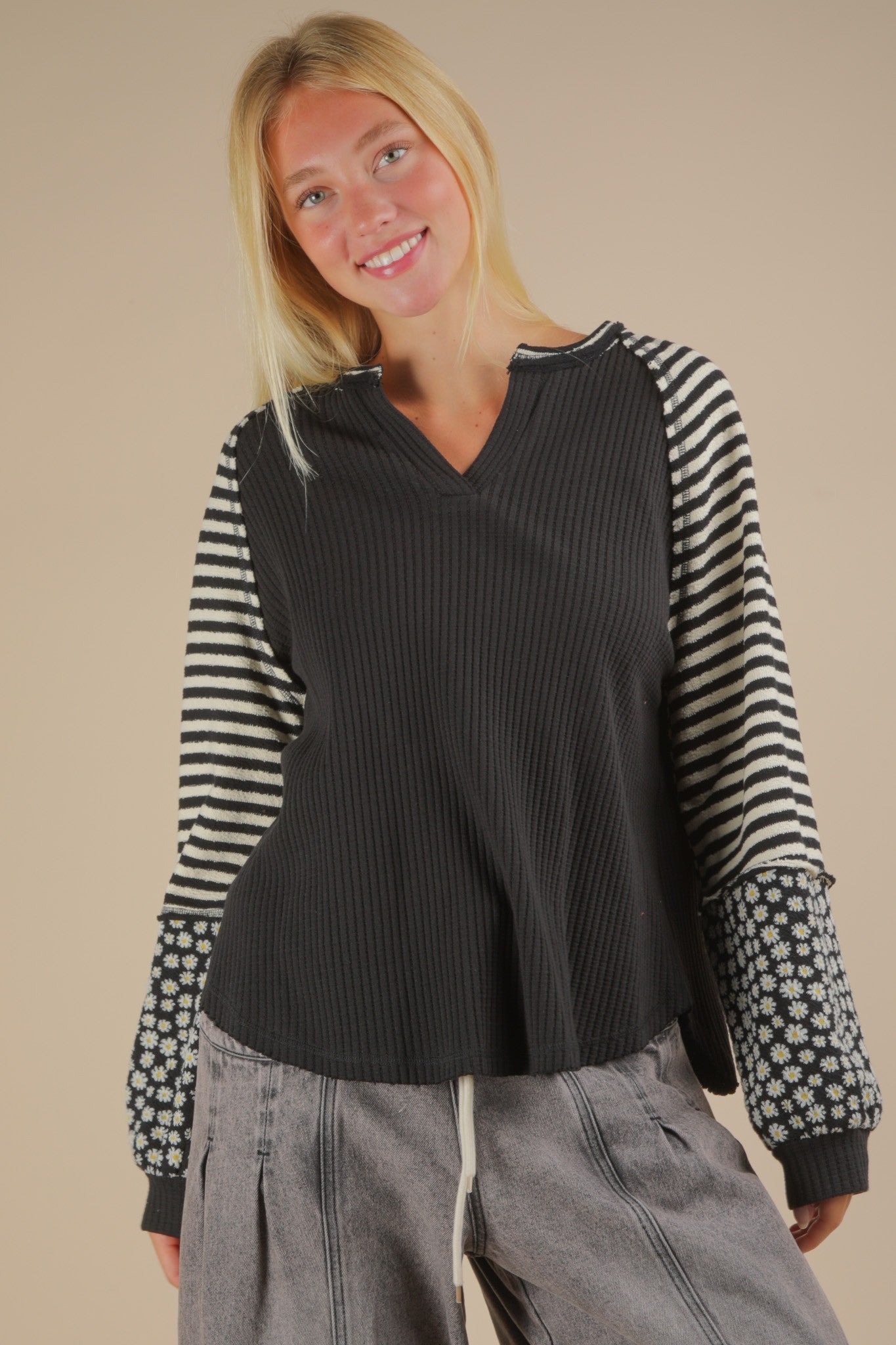 Cute & Casual Oversized Floral & Stripe Top