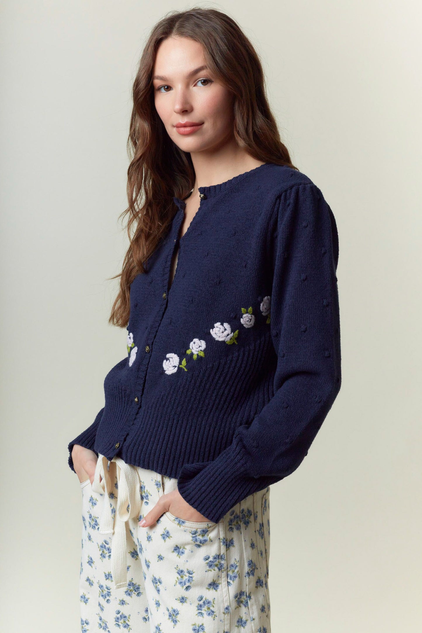 Rose Embroidery Dot Detail Crew Neck Long Sleeve Cardigan Navy