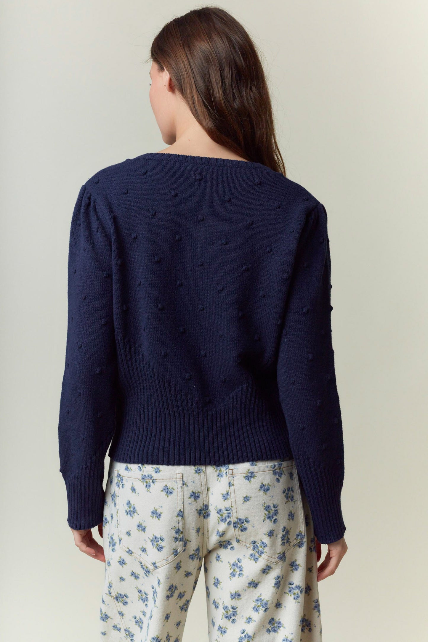 Rose Embroidery Dot Detail Crew Neck Long Sleeve Cardigan Navy