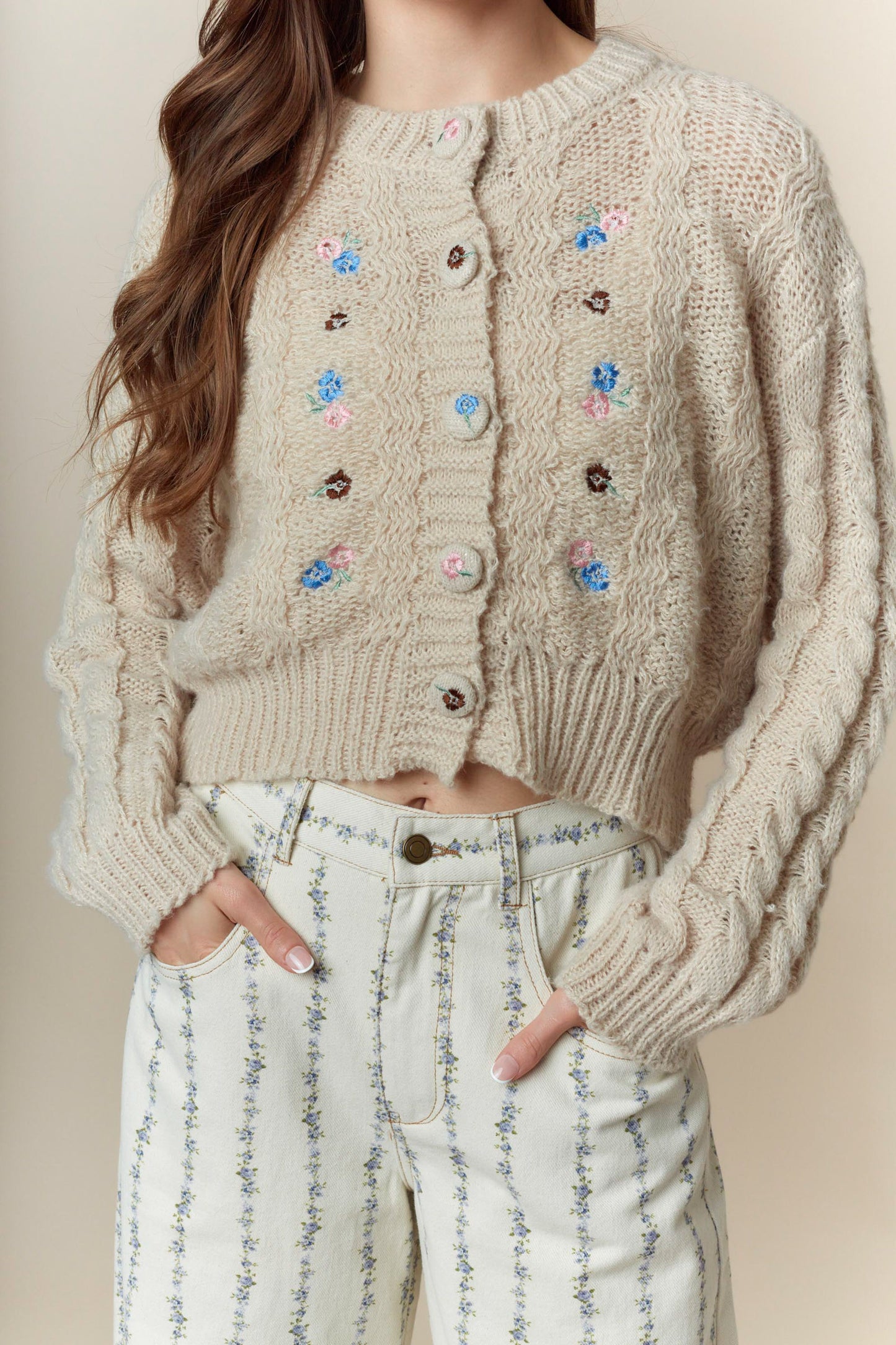 The Emory Flower Embroidery Detail Button Down Cropped Cardigan