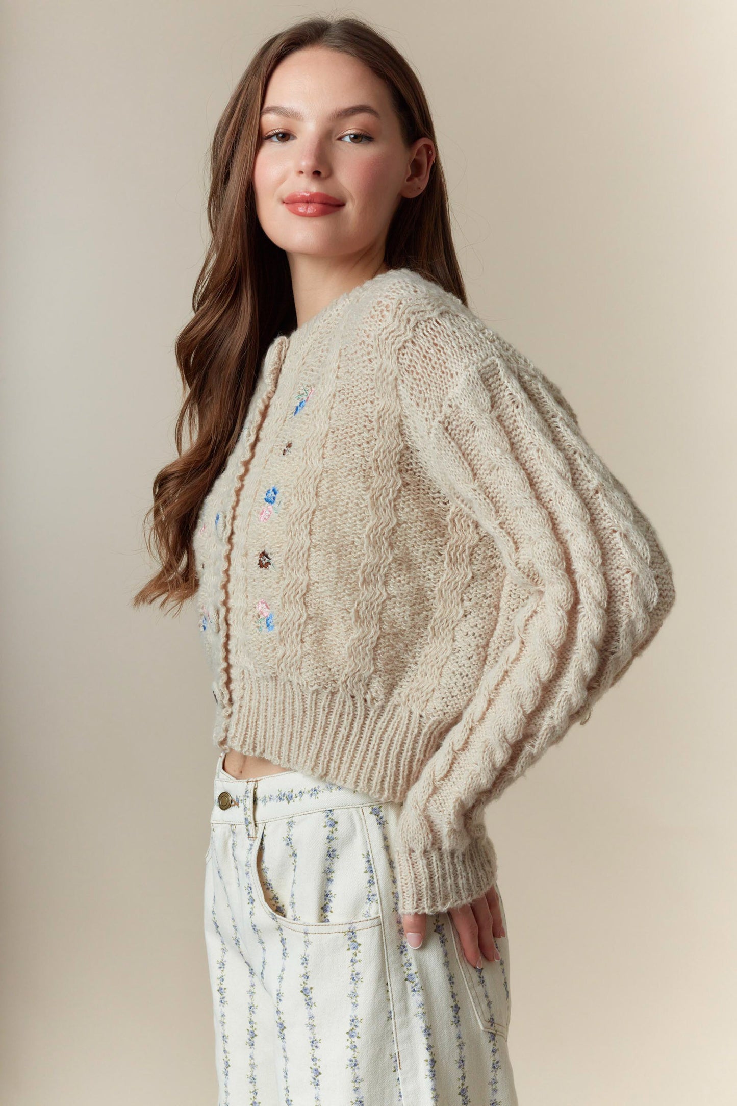 The Emory Flower Embroidery Detail Button Down Cropped Cardigan