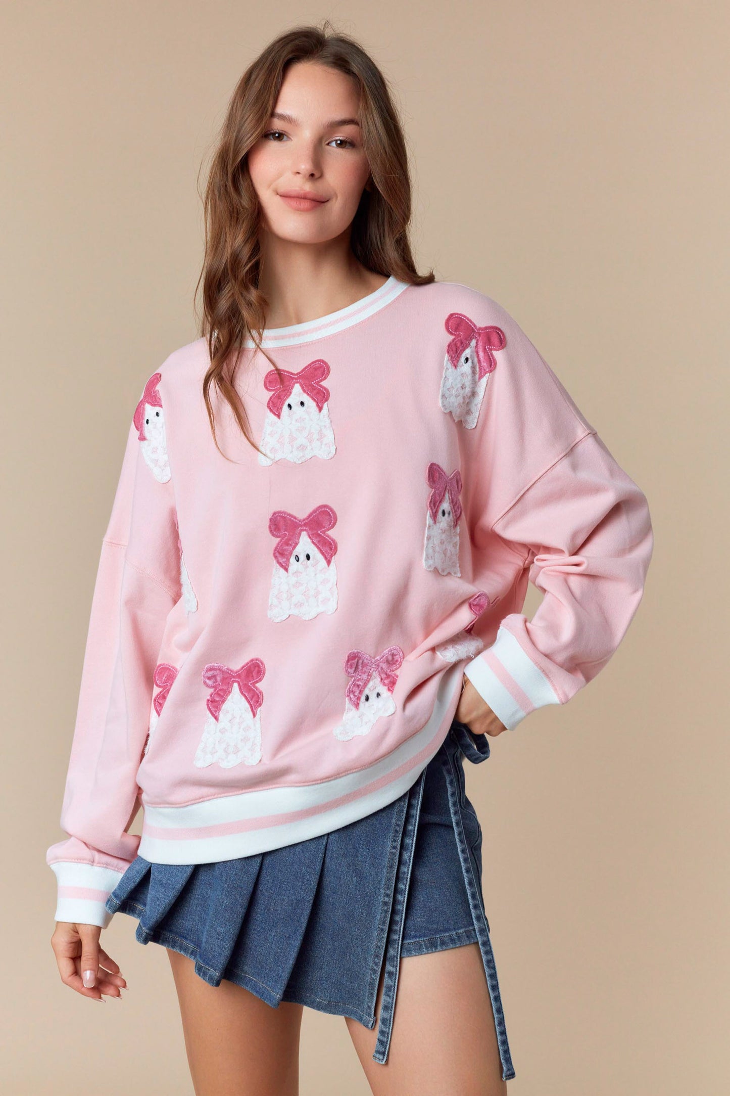 Lacey Boo Long Sleeve Sweatshirt with Velvet Bow Detail