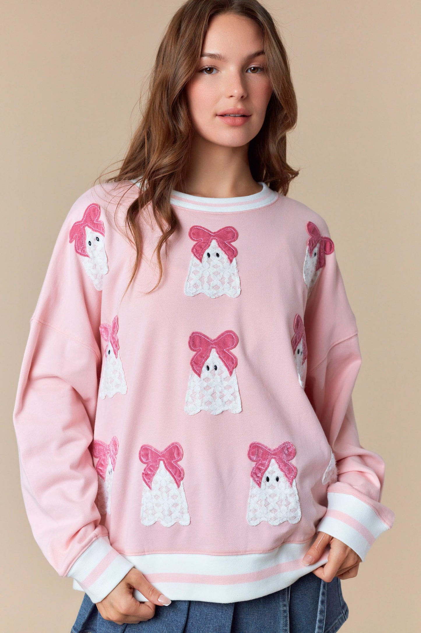 Lacey Boo Long Sleeve Sweatshirt with Velvet Bow Detail