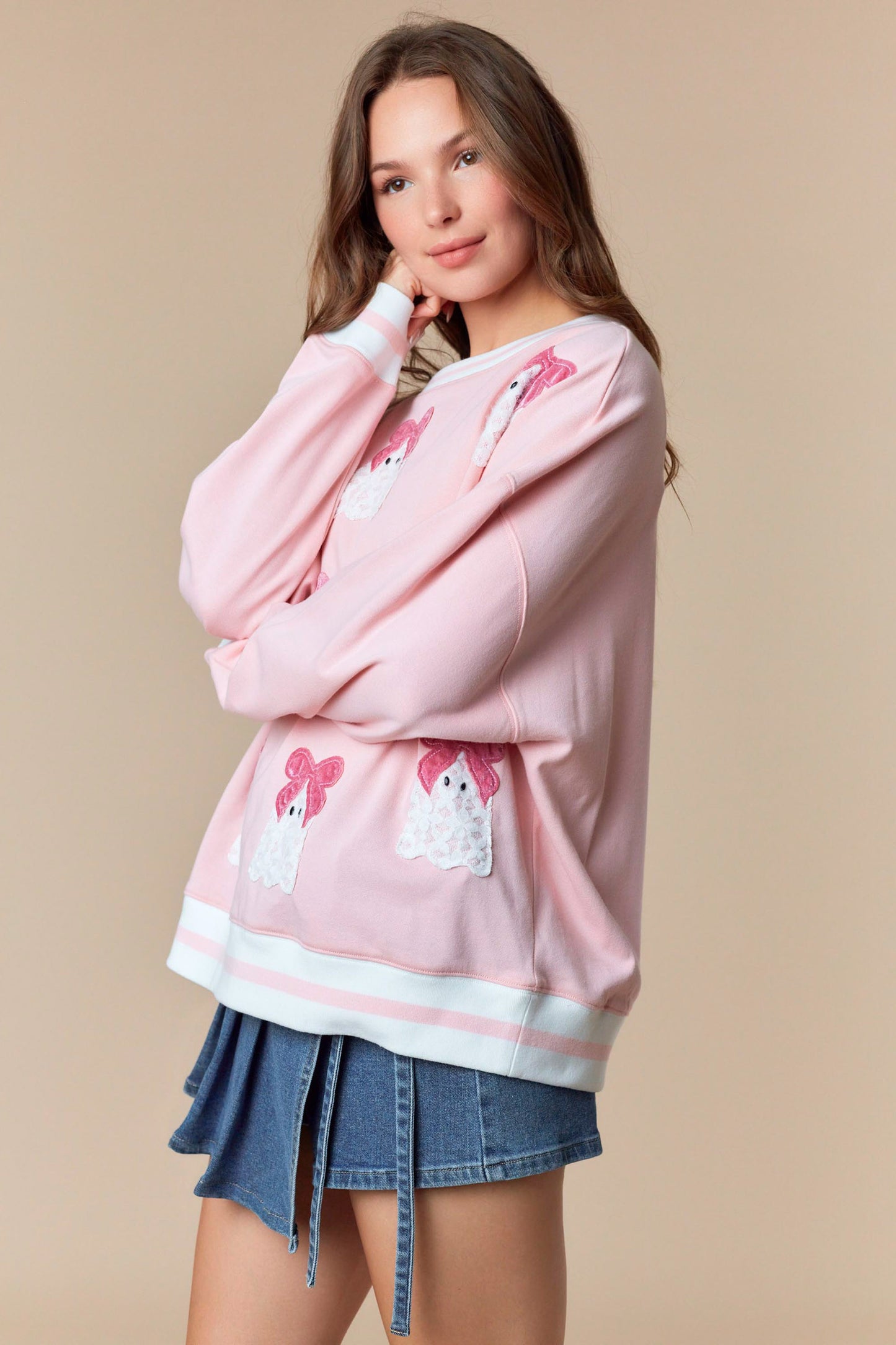 Lacey Boo Long Sleeve Sweatshirt with Velvet Bow Detail