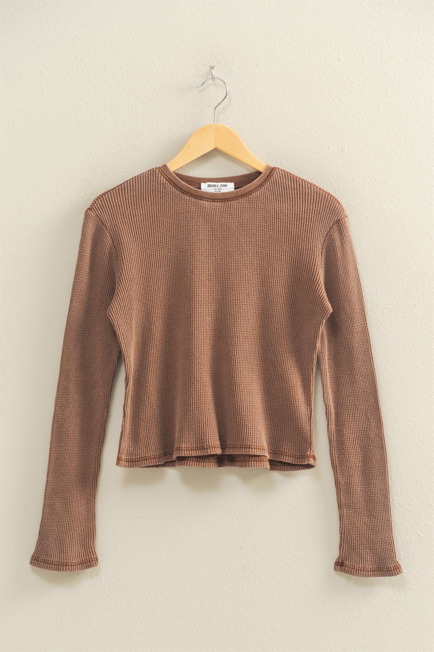 Mineral Wash Waffle Knit Long Sleeve Top Chestnut