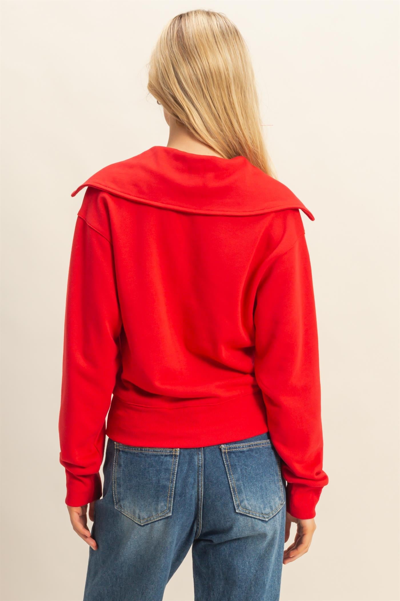 Red Casual Collared Pullover Sweatshirt