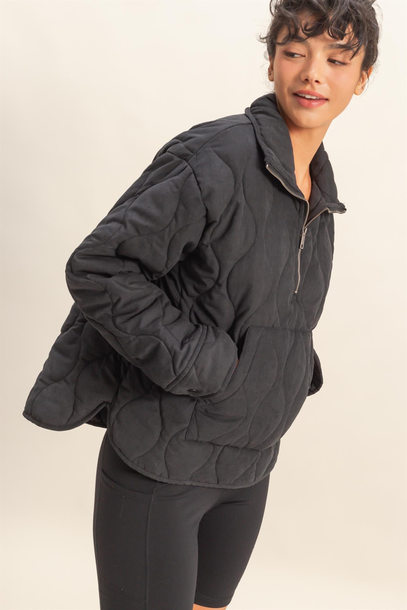 Quilted Half Zip Washed Black Pullover
