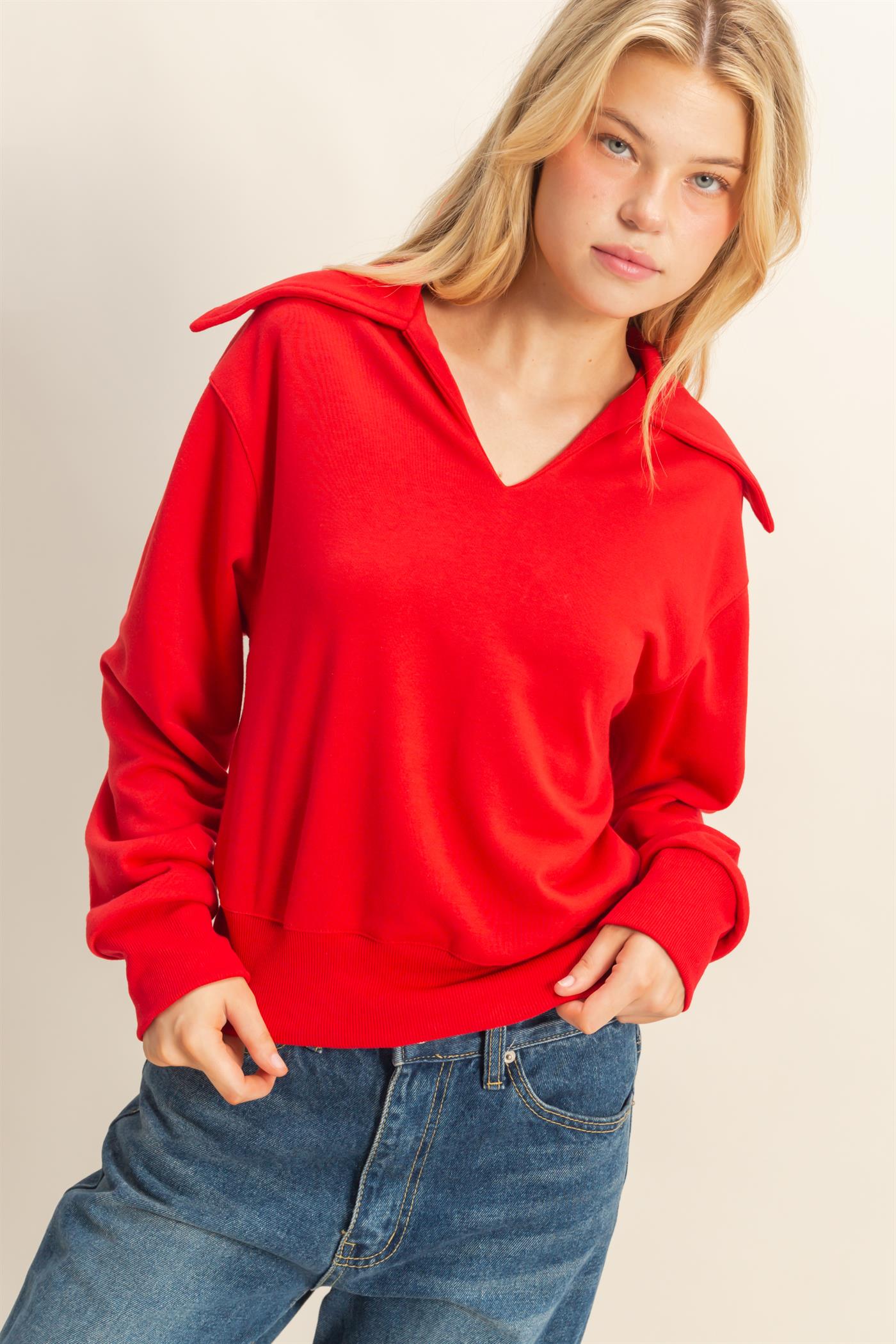 Red Casual Collared Pullover Sweatshirt