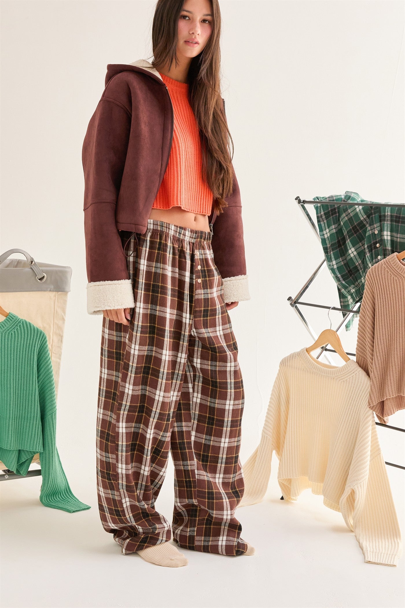 Brown Plaid Wide Leg Lounge Pants