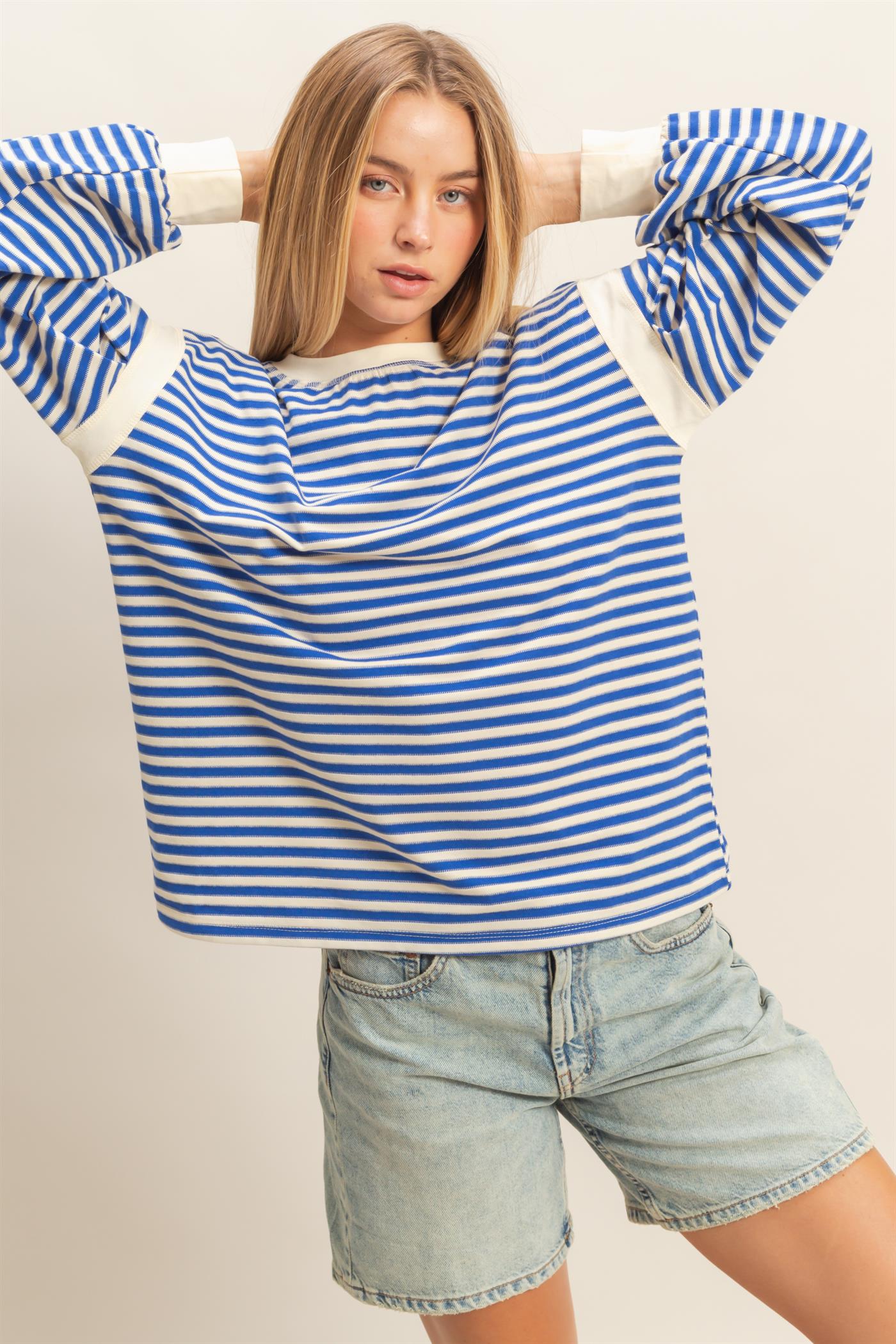 Blue + White Striped Long Sleeve Top