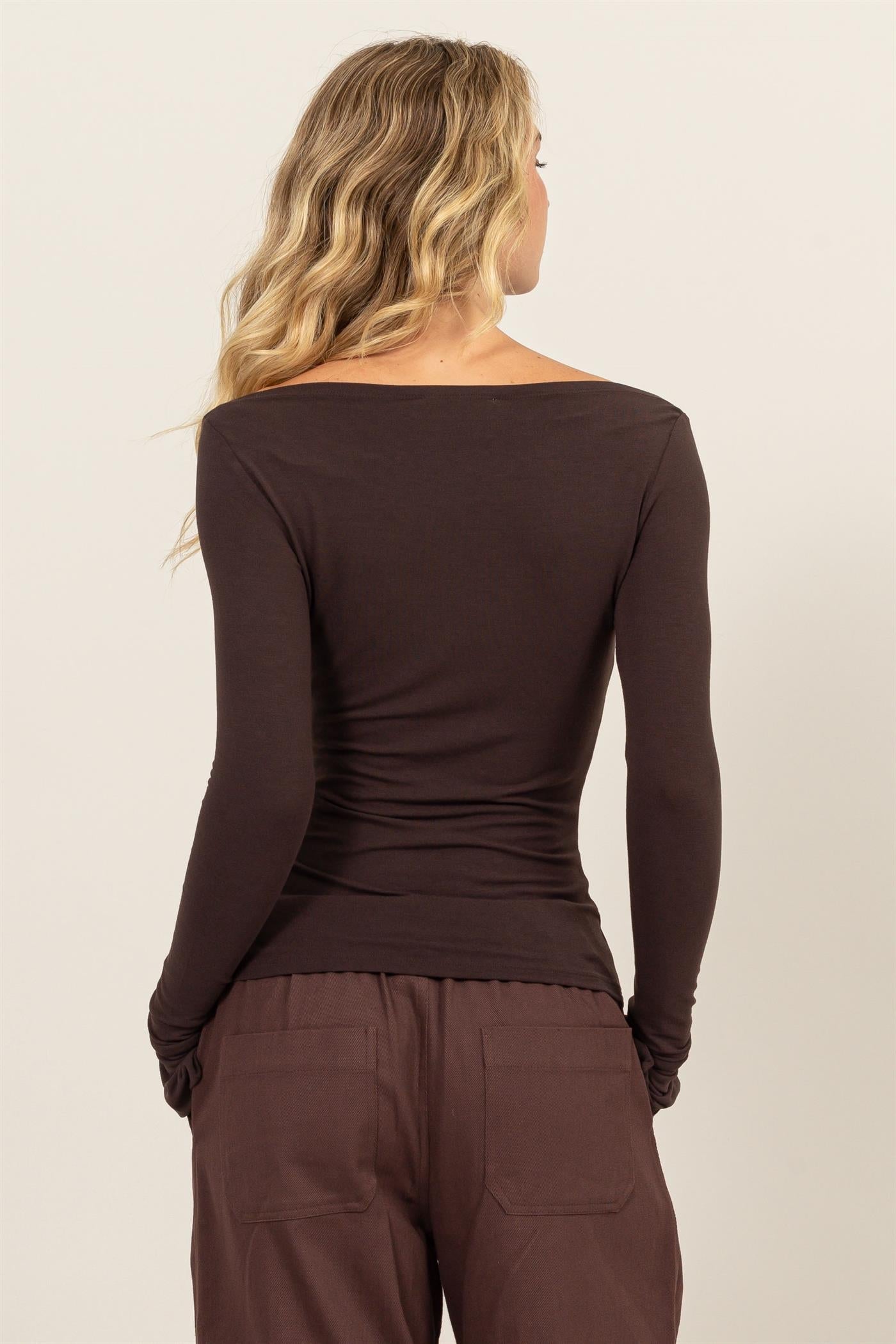 Boat Neck Long Sleeve Top Espresso