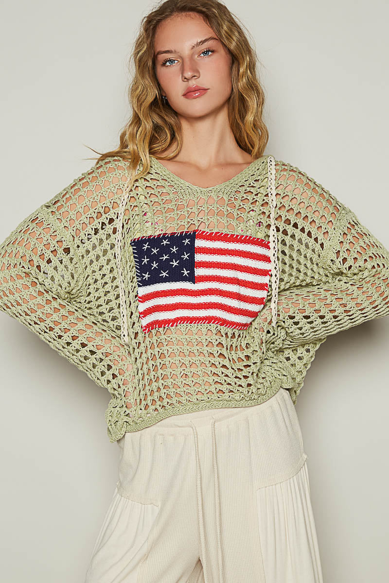 American Flag Stitch Point Sage Hoodie Sweater Top