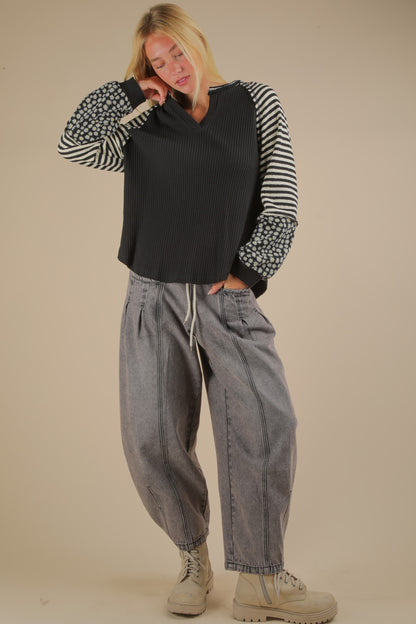 Cute & Casual Oversized Floral & Stripe Top