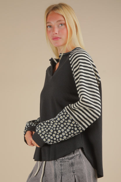 Cute & Casual Oversized Floral & Stripe Top