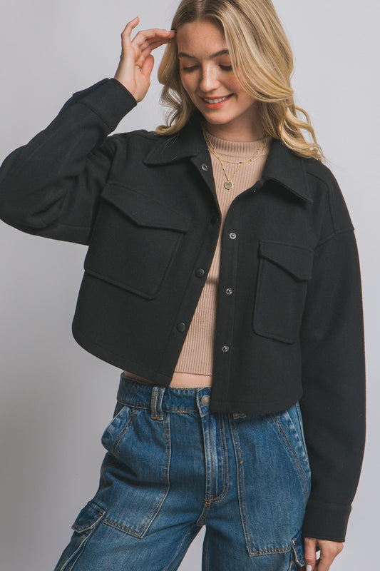 Black Fleece Cropped Snap-button Shacket