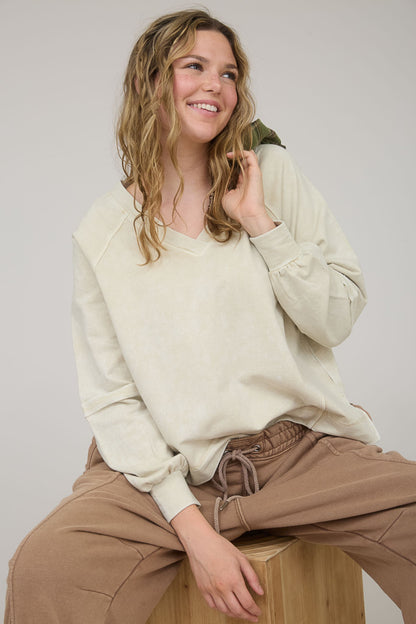 Ivory Washed V Neck Exposed Seam Long Sleeve Top