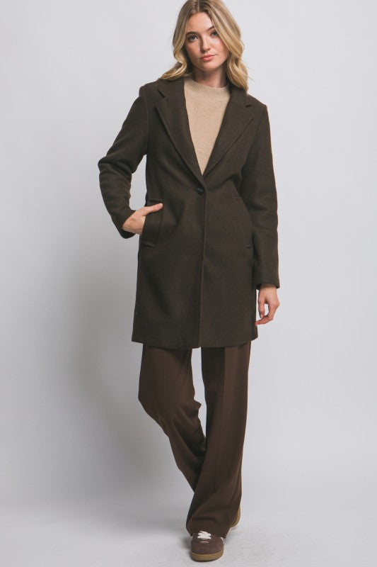Espresso Notched Lapel Long Sleeve Coat