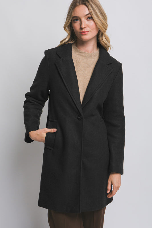 Black Notched Lapel Long Sleeve Coat