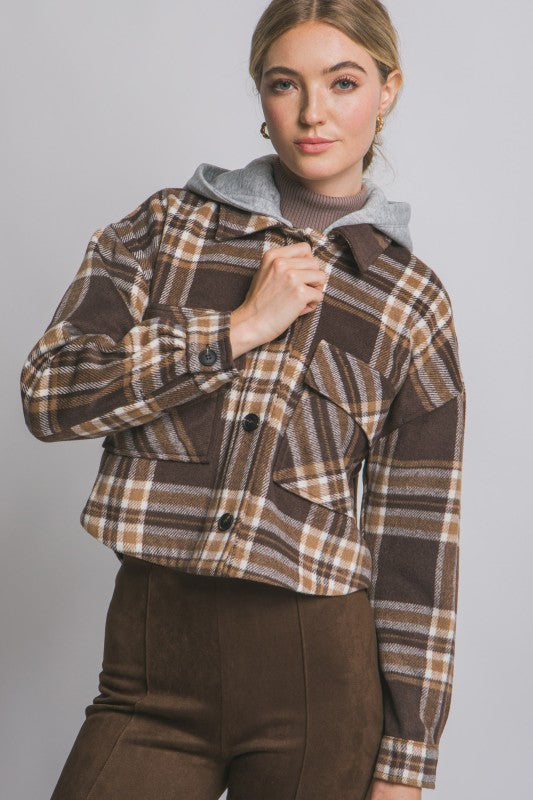 Espresso & Honey Plaid Shacket With Detachable Hood