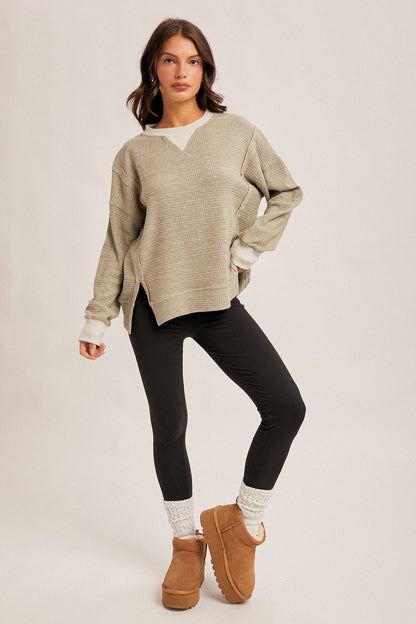 Olive Cream Mix Brush Thermal Crew Neck Oversized Pullover