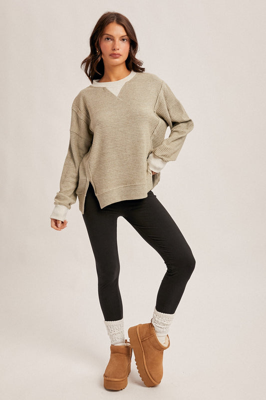 Olive Cream Mix Brush Thermal Crew Neck Oversized Pullover