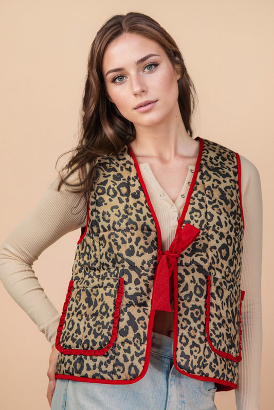 Red Trimmed Statement Leopard Quilted Vest