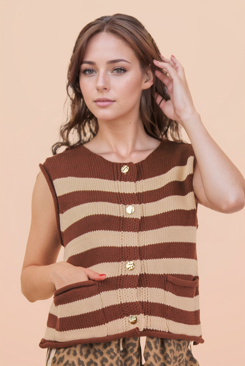 Stripe Button Down Sweater Top Chocolate