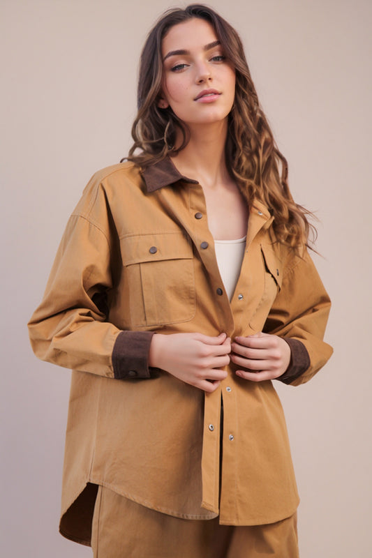 On Trend Button Down Shacket Camel