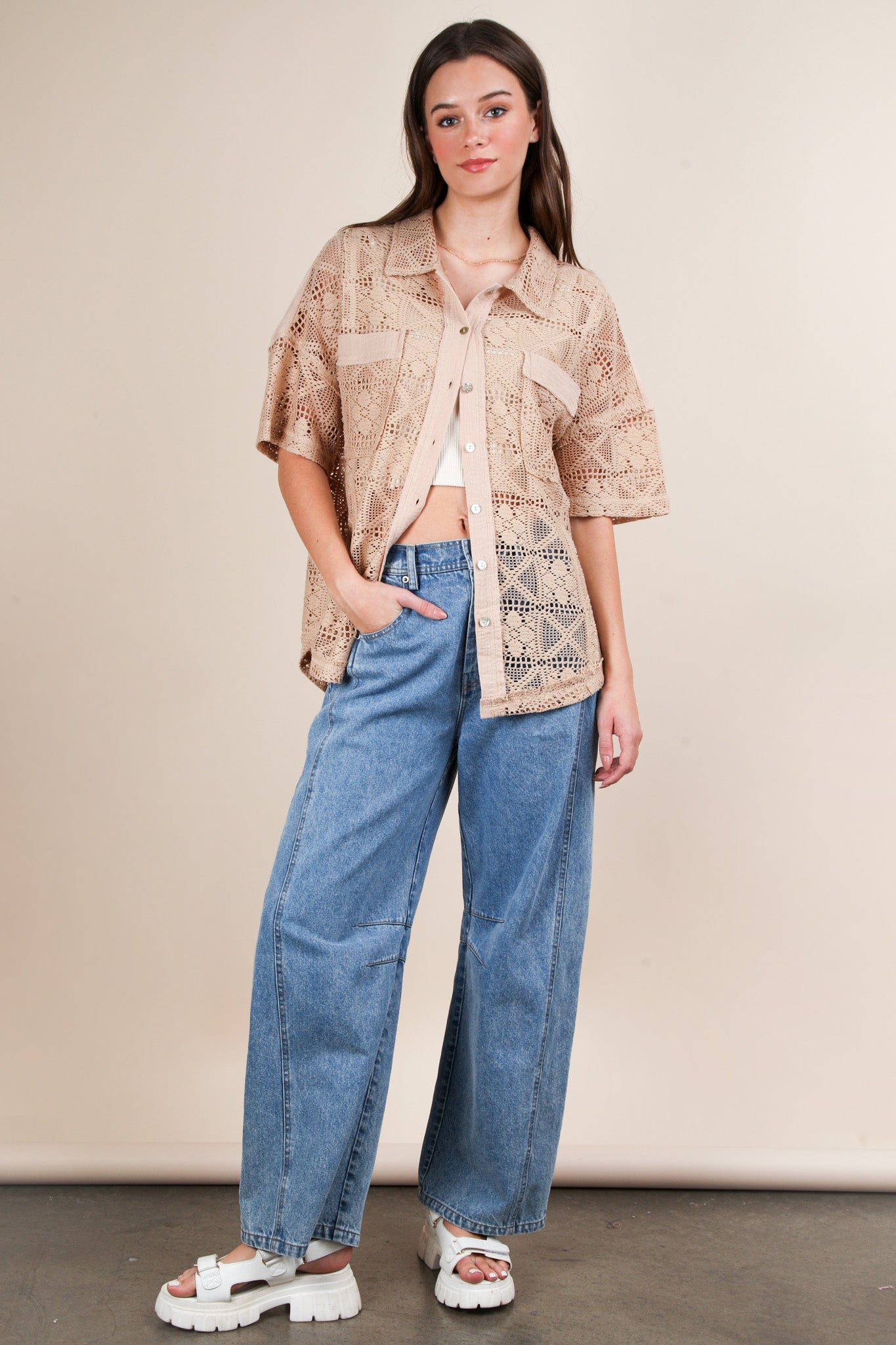 Mocha Crochet Button Down Shirt