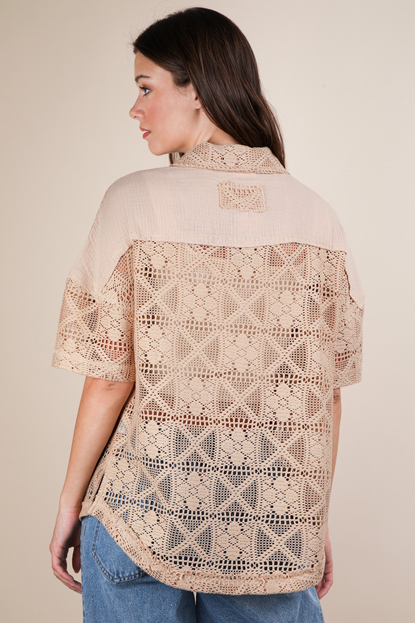 Mocha Crochet Button Down Shirt