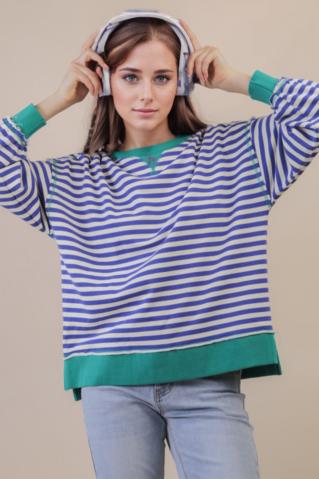 Royal Blue Cream Mix Stripe Oversized Terry Knit Top