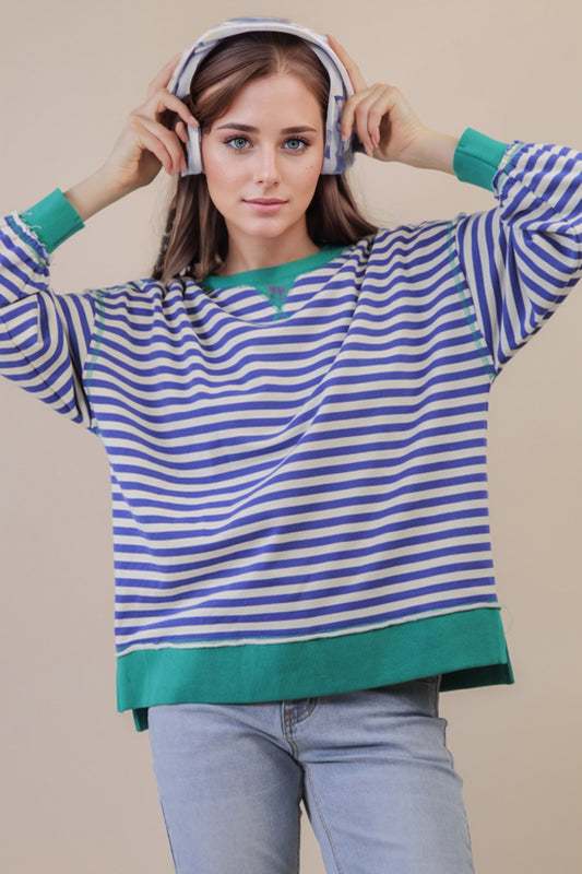 Royal Blue Cream Mix Stripe Oversized Terry Knit Top