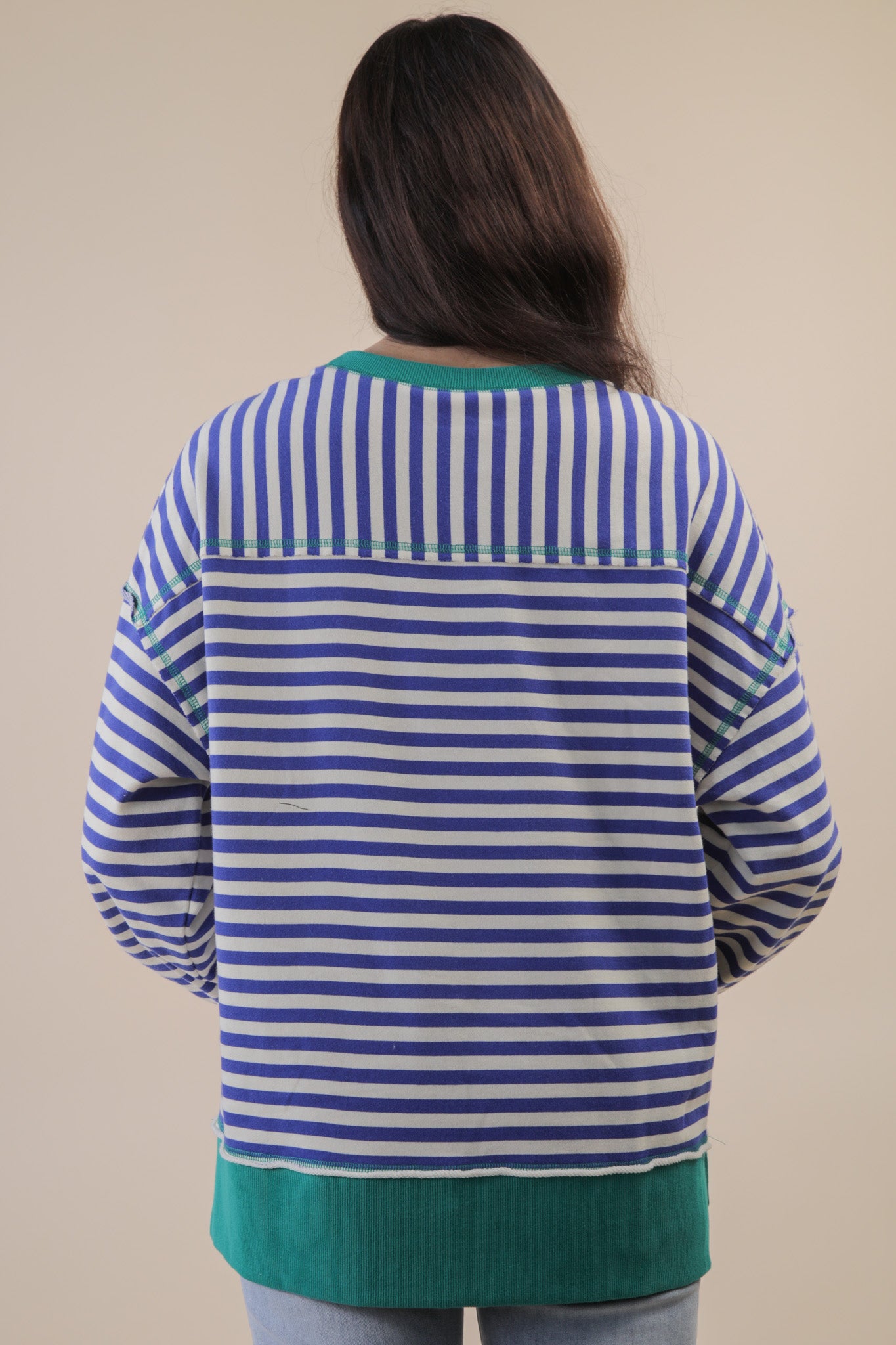 Royal Blue Cream Mix Stripe Oversized Terry Knit Top