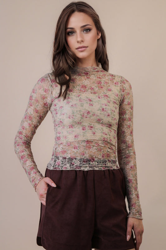 Beige Floral Sheer Mesh Lace Top