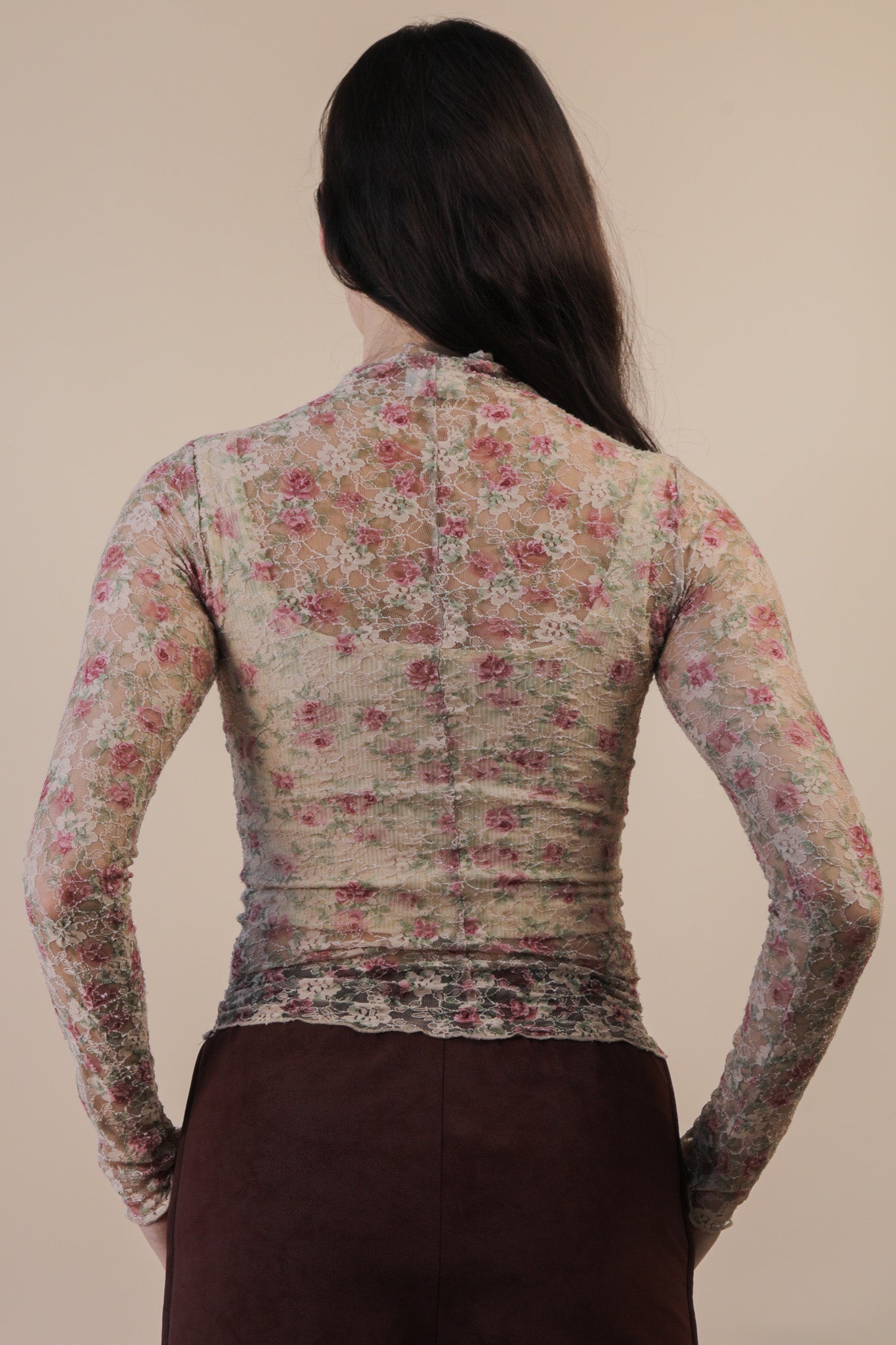 Beige Floral Sheer Mesh Lace Top