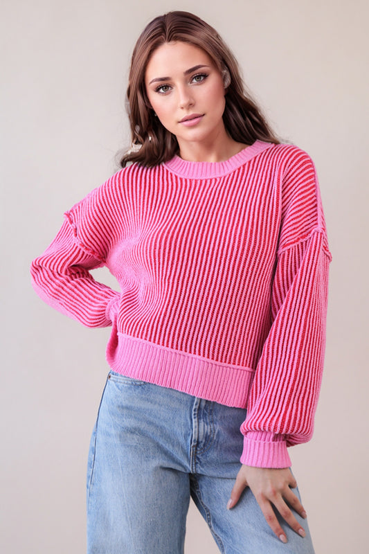 Pink Cozy & Cute Two Tone Striped Sweater