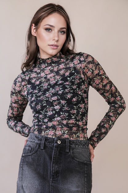Black Floral Sheer Mesh Lace Top