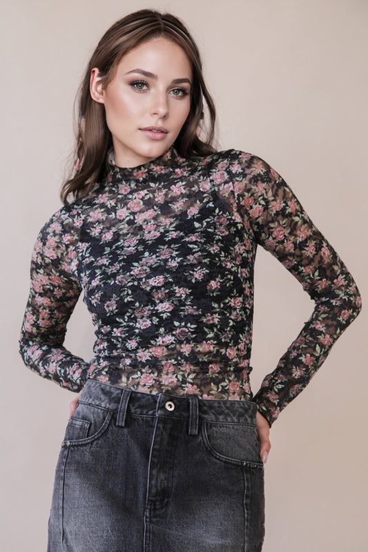 Black Floral Sheer Mesh Lace Top