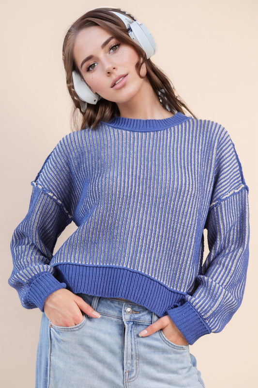 Blue Cozy & Cute Two Tone Striped Sweater