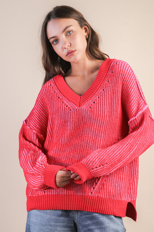 Two Tone Red V Neck Sweater