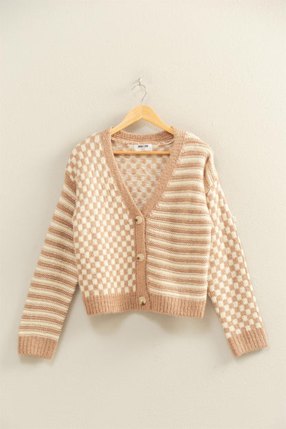 Checkers & Stripes Cardigan Taupe Cream