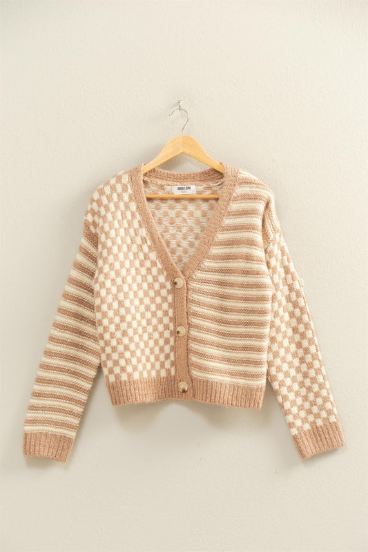 Checkers & Stripes Cardigan Taupe Cream