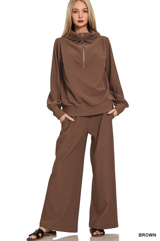 Cocoa Ribbed Half Zip Pullover Pants Set