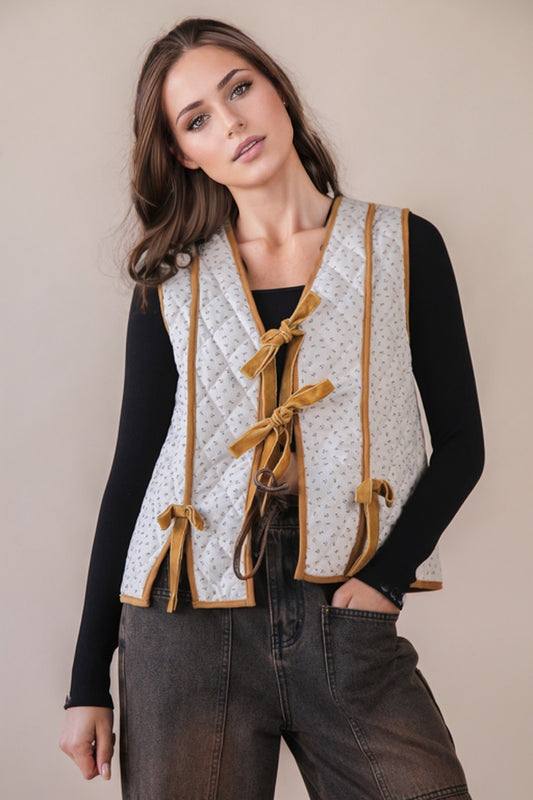 Camel Contrast Quilted Ivory Vest