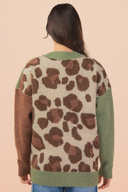 Leopard & Plaid Knit Sweater Cardigan