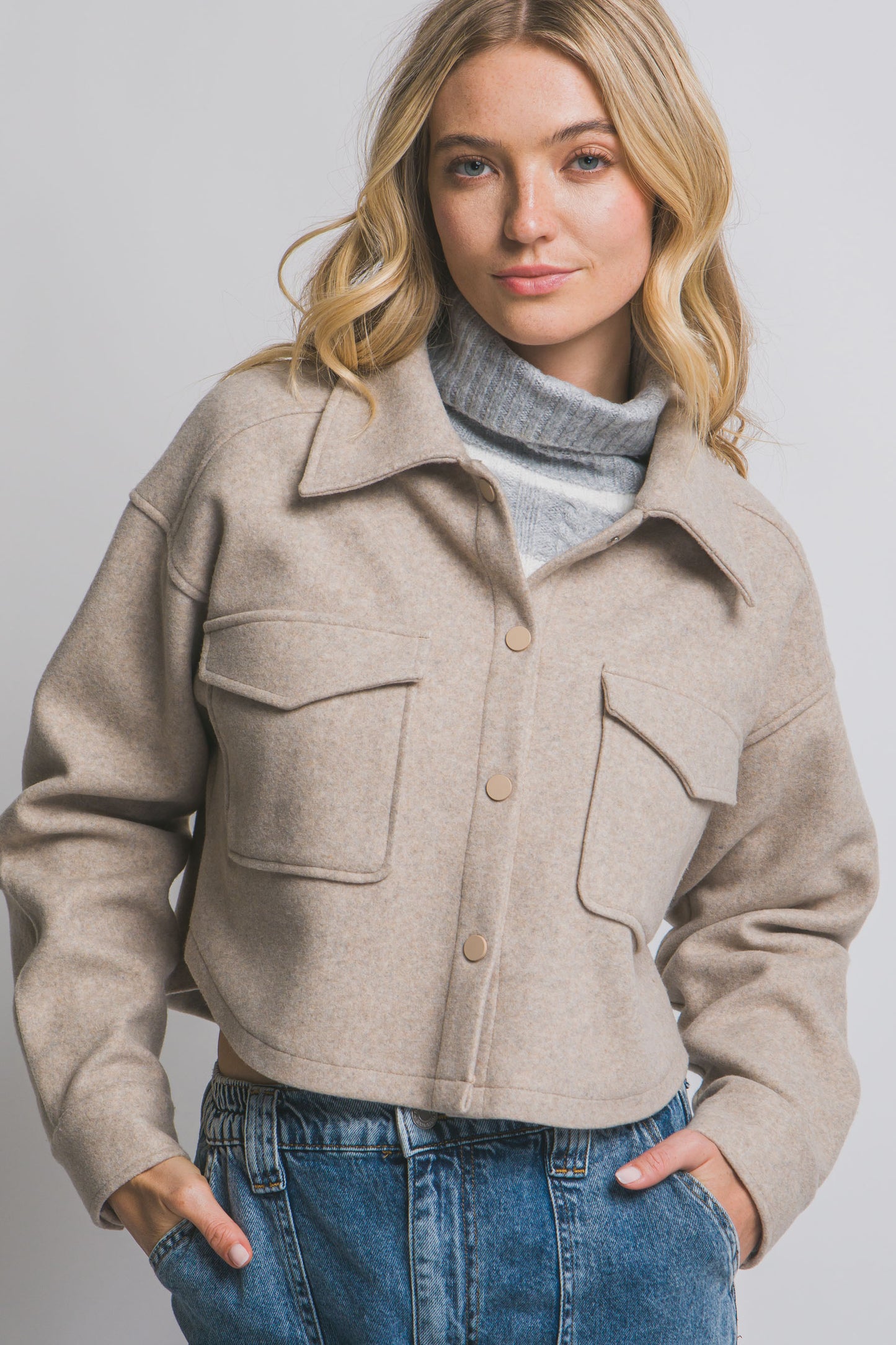 Fleece Cropped Snap-Button Shacket Oatmeal