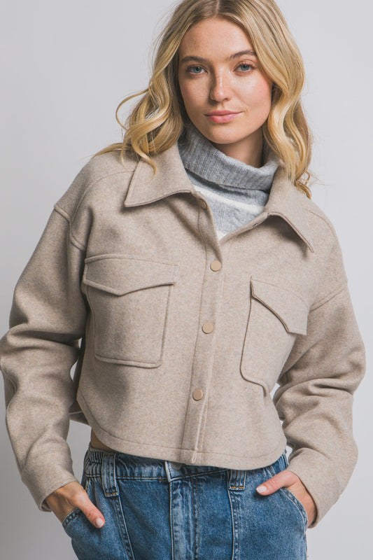 Fleece Cropped Snap-Button Shacket Oatmeal