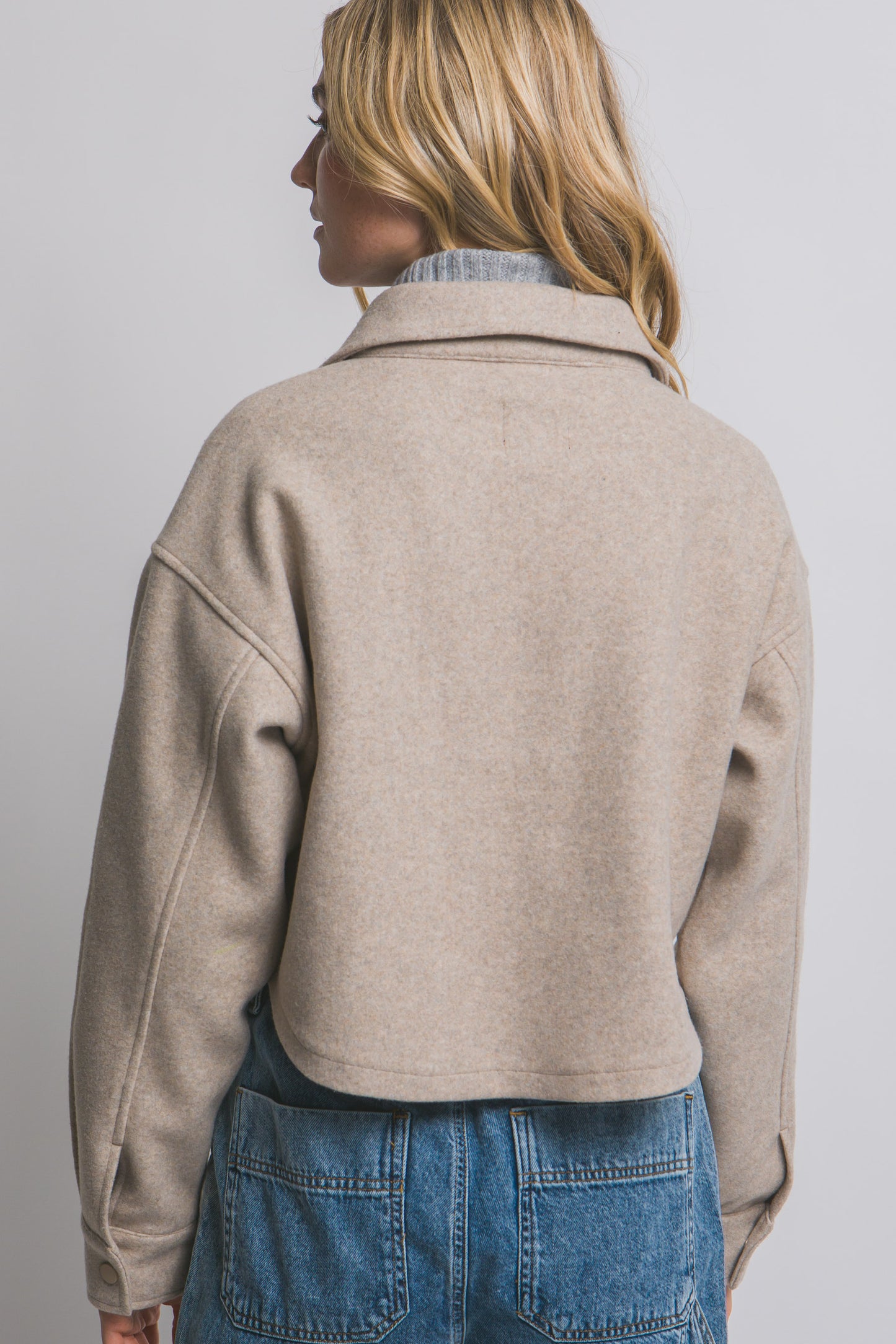 Fleece Cropped Snap-Button Shacket Oatmeal
