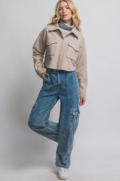 Fleece Cropped Snap-Button Shacket Oatmeal