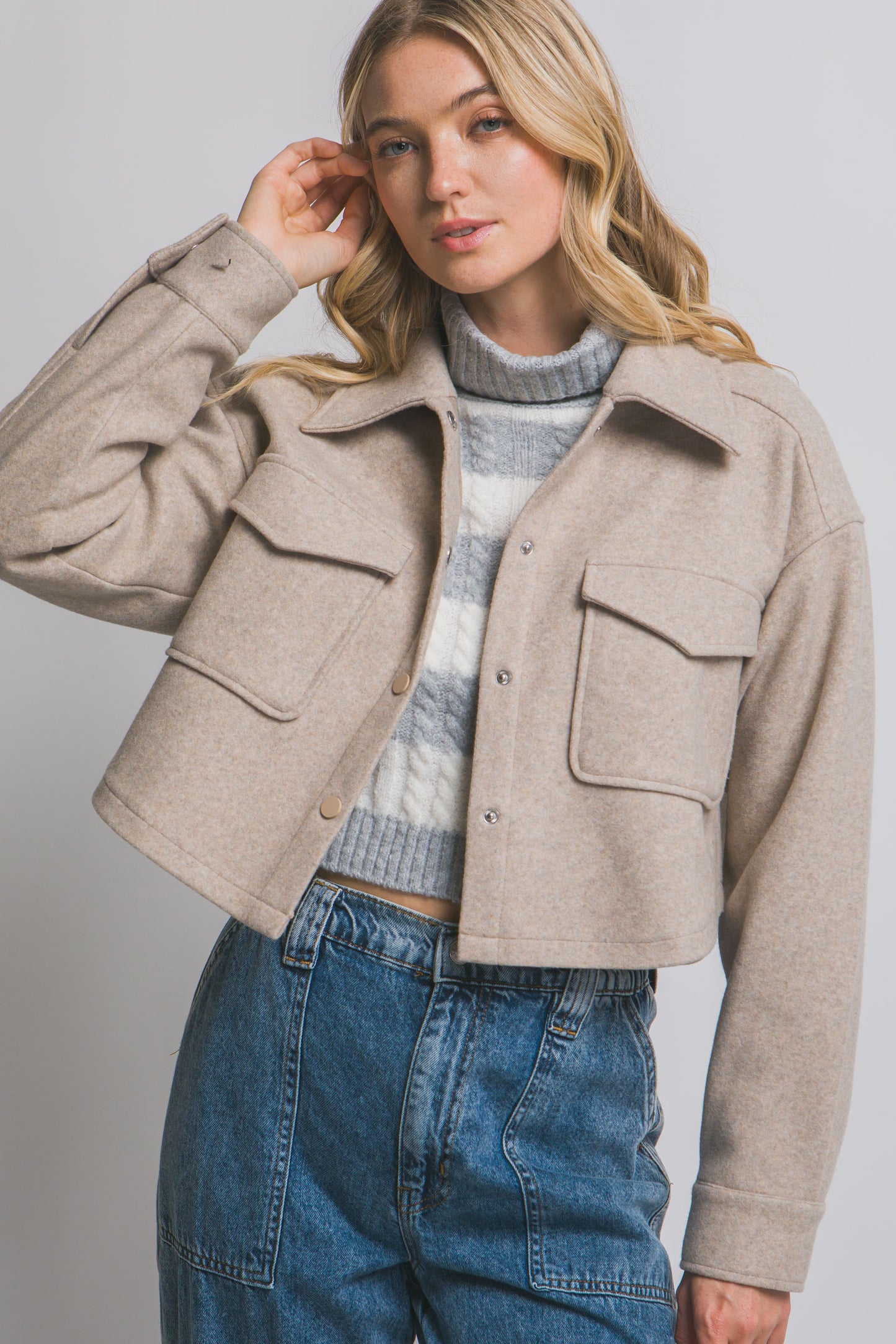 Fleece Cropped Snap-Button Shacket Oatmeal